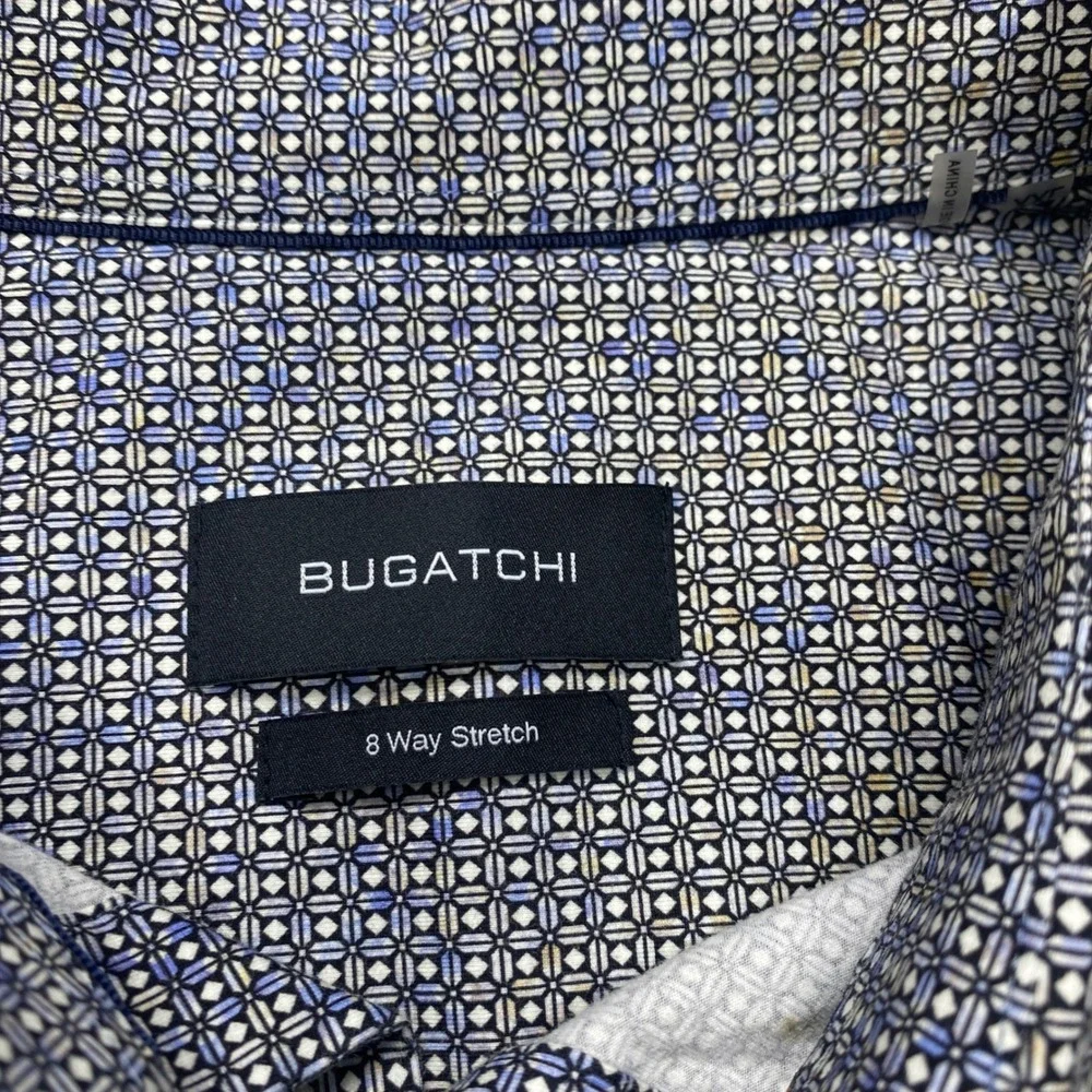Bugatchi Button Down Mens XL Blue 8 Way Stretch Geometric Print Casual Business - Picture 2 of 6